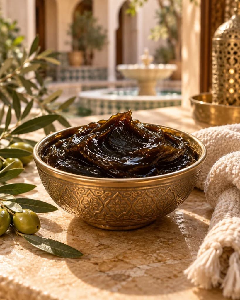 Moroccan black soap (savon beldi) in a traditional brass bowl