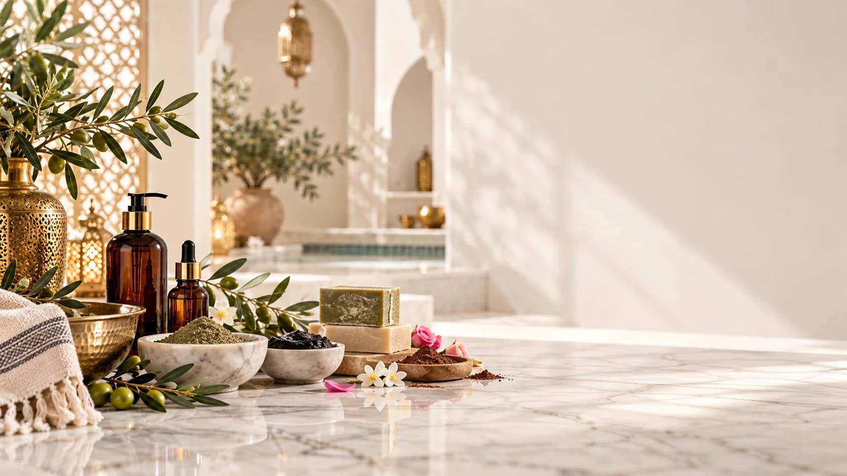 Moroccan hammam products on marble: black soap, ghassoul clay, argan oil, olive branches and spa setting