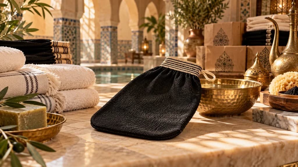 Black kessa glove with hammam bowls and towels by an indoor pool
