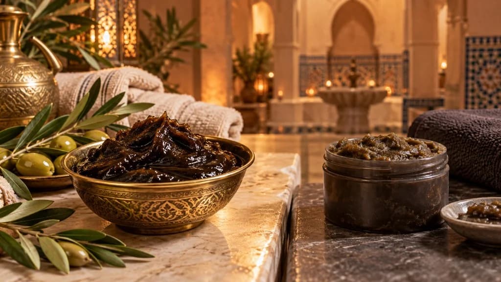 Moroccan black soap in a gold bowl with olives in a riad hammam