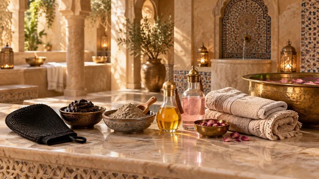 Moroccan hammam ritual: black soap, kessa, ghassoul, argan oil and rose water