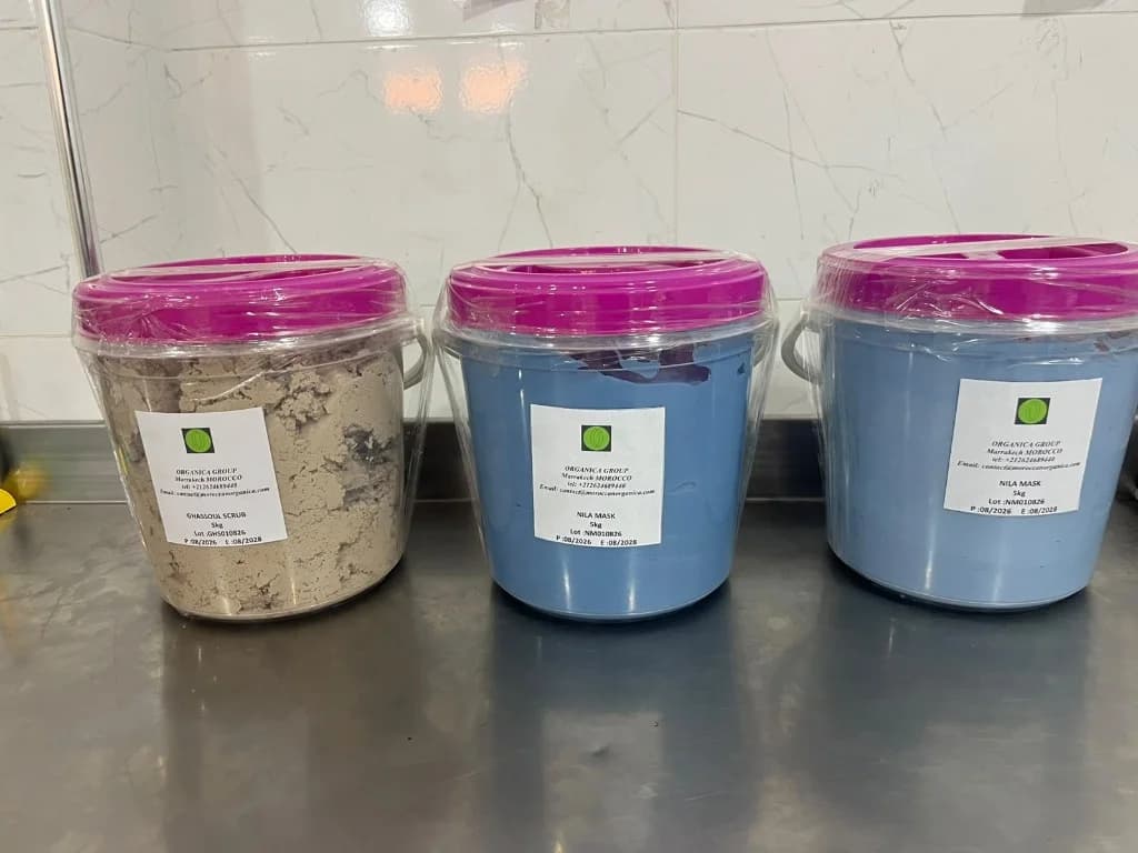 5 kg bulk tubs of ghassoul scrub and nila mask ready for private label