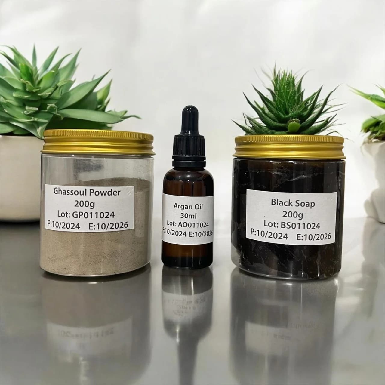 Wholesale ghassoul powder, black soap, argan oil and rose water spray bottles
